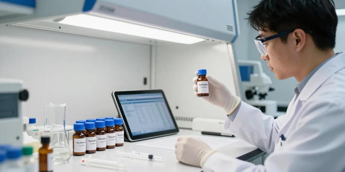 Researcher at KoiPeptidesCanada.com examining peptide vials in a modern lab setting.