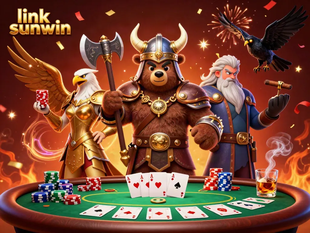 Experience the thrill of gaming at link sunwin with dynamic characters enjoying poker in a vibrant casino setting.