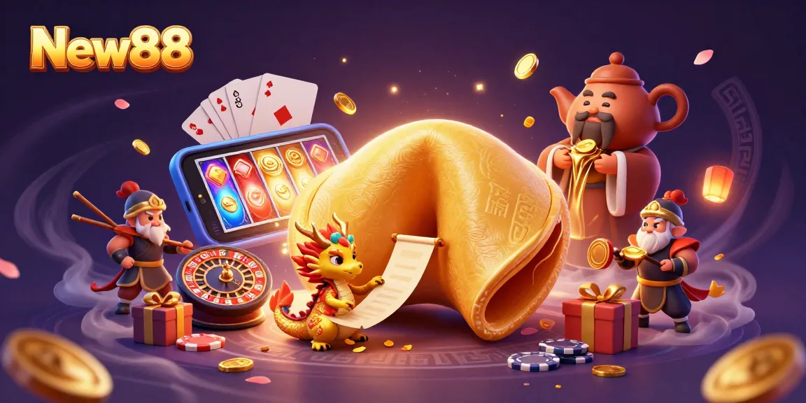 New88 immerses players in a vibrant online casino experience, featuring dynamic gaming elements and gold-themed characters.