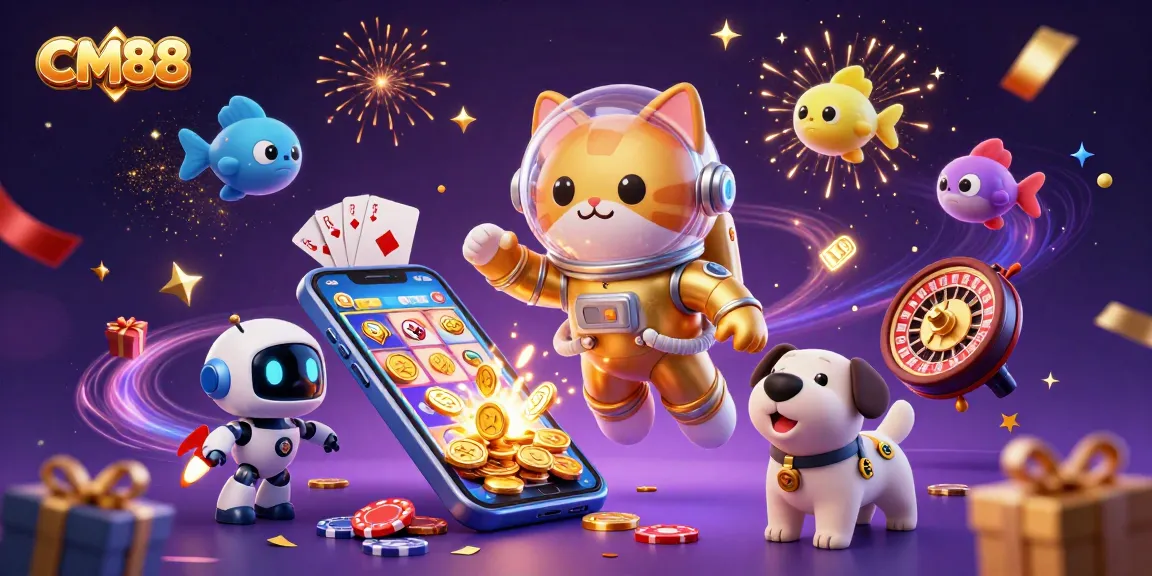 Play casino games at CM88 with a vibrant space-themed 3D illustration showcasing fun characters and dynamic gambling elements.