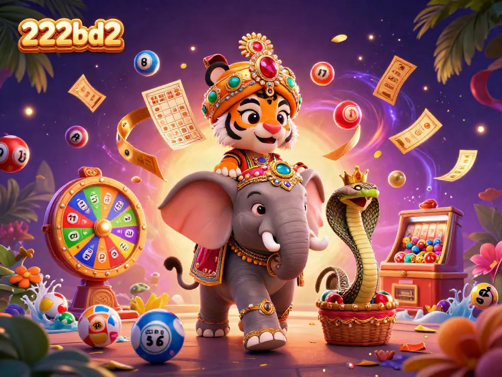 Join the vibrant excitement of the 222bd2 lottery, featuring dynamic characters and colorful game elements.