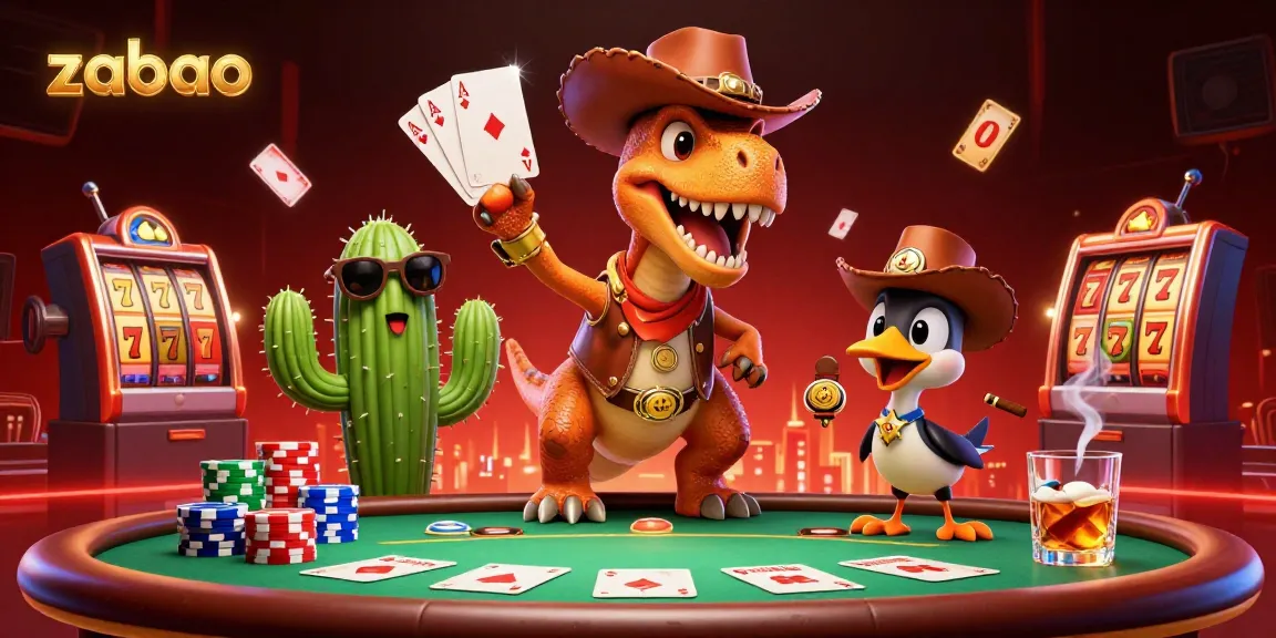 Play poker with zaobao featuring a T-Rex, cactus sidekick, and roadrunner in a lively casino scene.