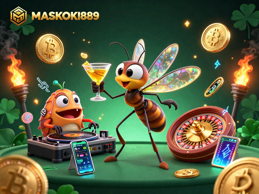 Engage with MASKOKI889 as the casino mascot comes alive amidst 3D digital gambling elements.