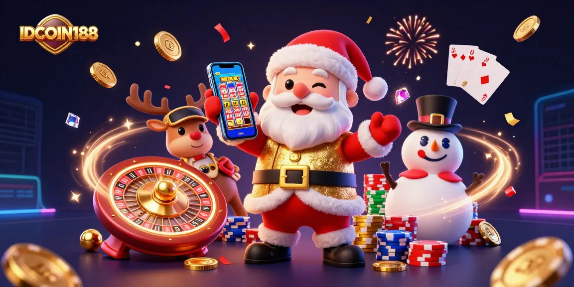 IDCOIN188 delivers festive casino fun with a 3D illustrated scene of Santa, reindeer, and snowman.