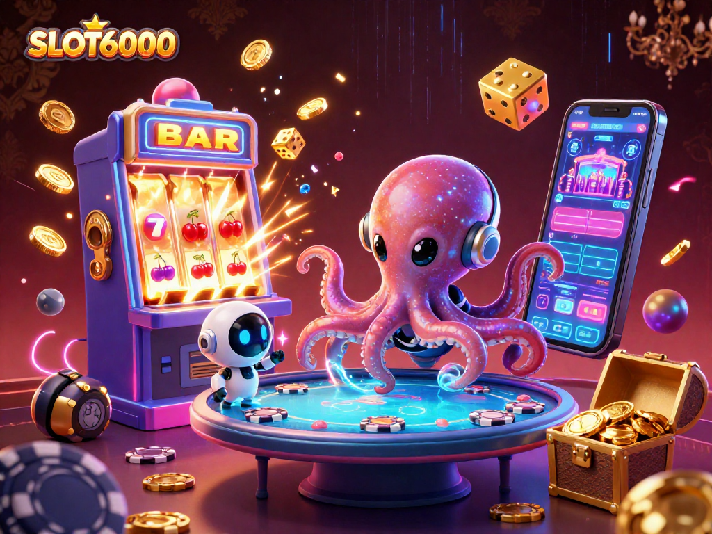 SLOT6000 showcases an alien octopus and robot at a vibrant casino scene with jackpot excitement
