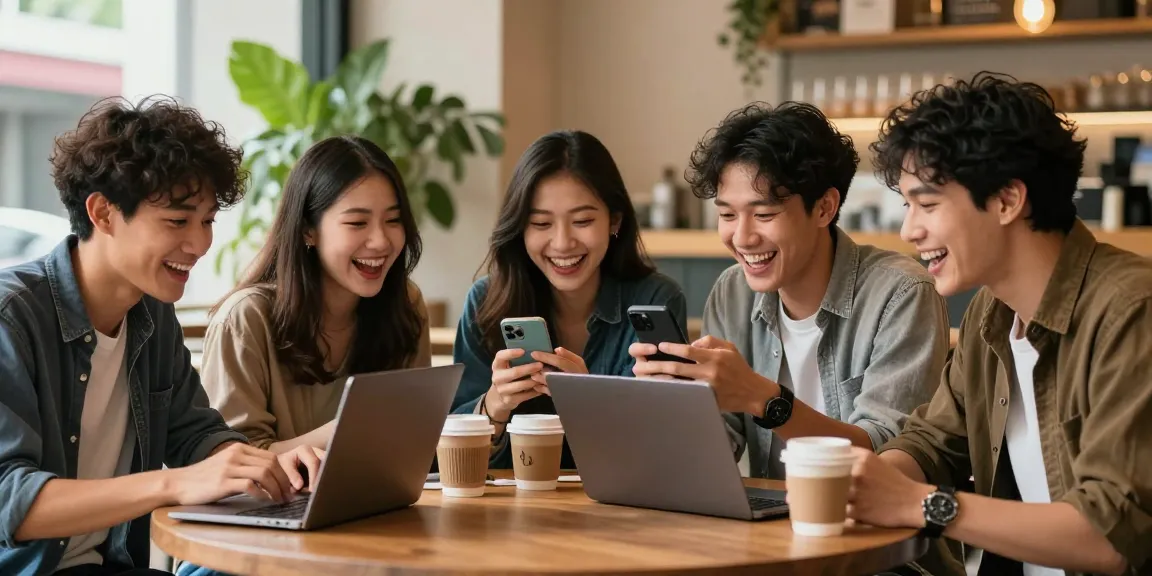 Young adults enjoying bokep viral indonesia videos together in a trendy coffee shop.