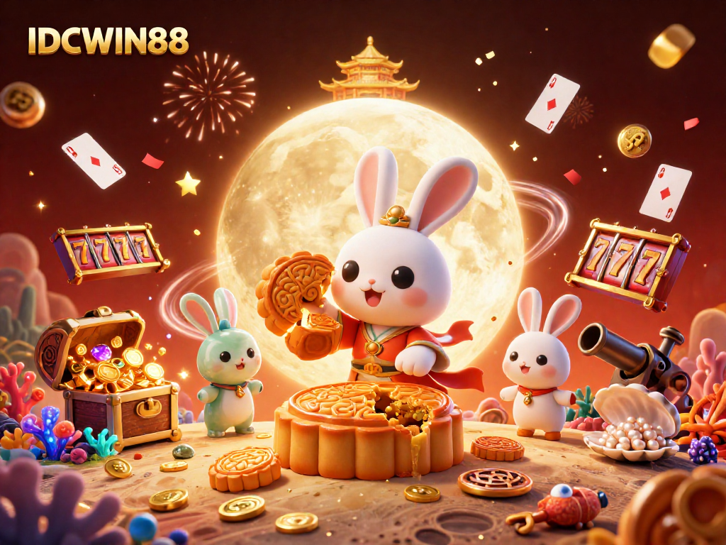 Engage in thrilling adventures with IDCWIN88, featuring a magical moon rabbit and dynamic gaming elements in a colorful 3D setting.