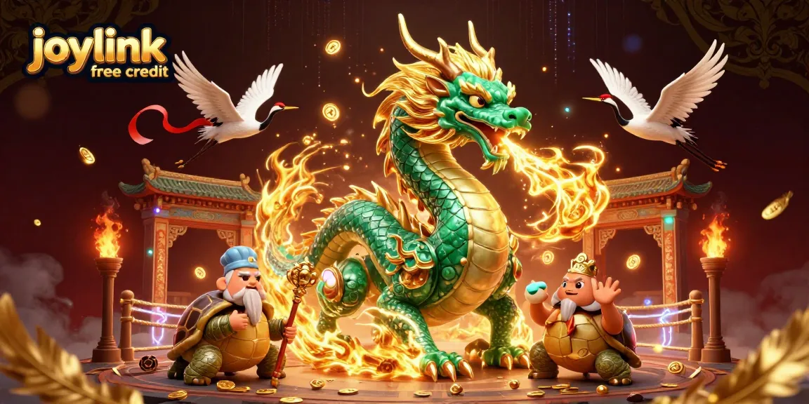 Engage with joylink free credit by experiencing a vibrant 3D casino scene filled with dragons and gold.