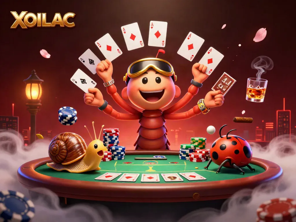 Engage in the thrilling action of XOILAC as a millipede dealer fans out cards while a snail high-roller pushes chips.
