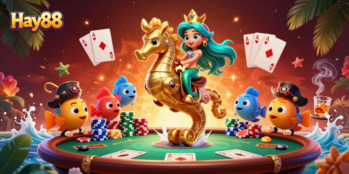 Experience thrilling gameplay at Hay88 with a captivating mermaid princess and seahorse in a vibrant poker scene.