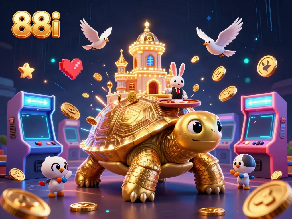 Experience the thrill of 88i casino with a vibrant scene of a golden tortoise and a rabbit dealer amidst dynamic game elements.
