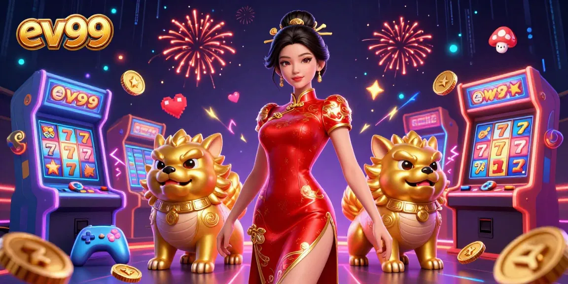 Engage in thrilling slots at ev99 with a glamorous woman, golden foo dogs, and captivating fireworks.