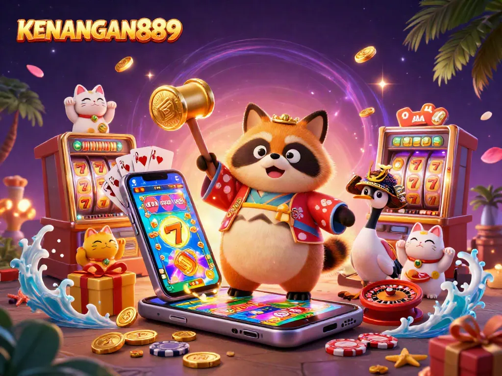 Engage in thrilling gameplay with KENANGAN889's vibrant casino scene featuring lucky symbols, colorful slots, and lucky characters.