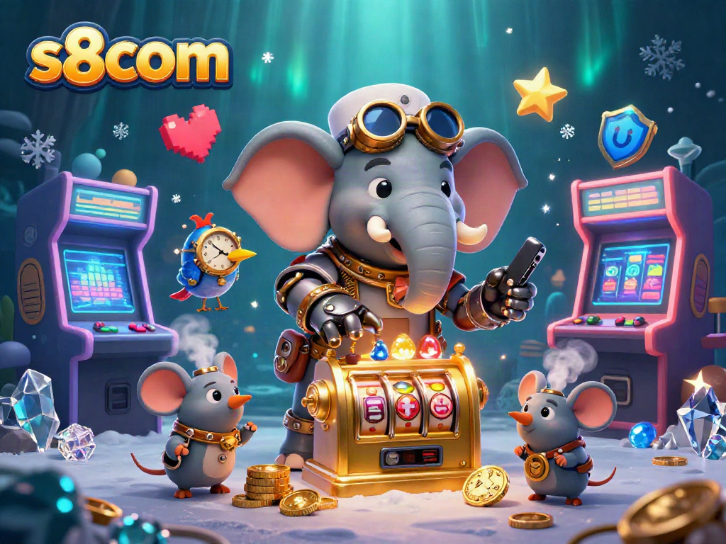 Win with s8com in a vibrant casino scene featuring steampunk characters and dynamic gaming elements.
