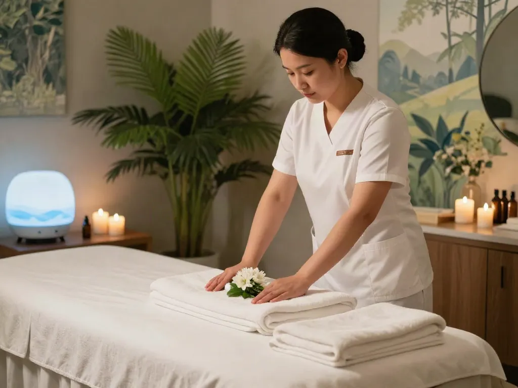 Tranquil spa setting for 강남출장안마 with massage therapist preparing a soothing environment.