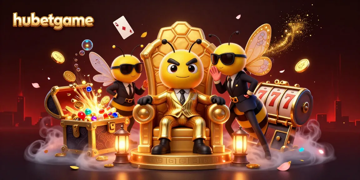 Engage with hubetgame's thrilling casino scene featuring a bumblebee mob boss among vibrant slot reels and treasures.
