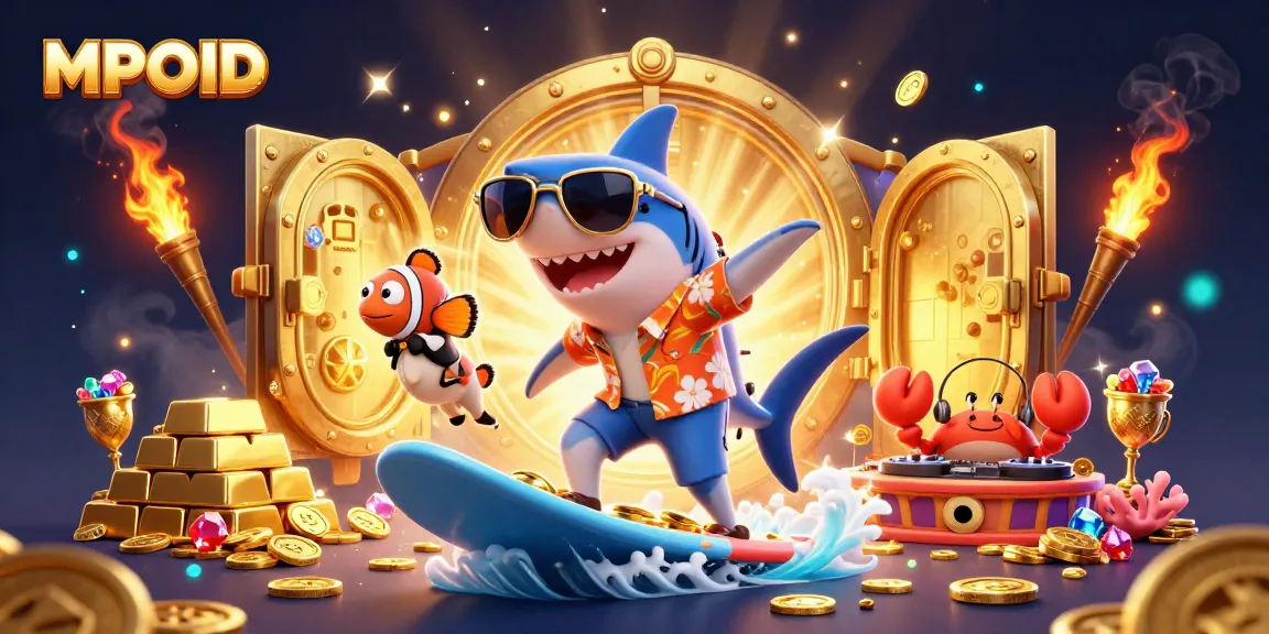 MPOID showcases a vibrant casino scene with a shark, clownfish, and crab amidst golden treasures.