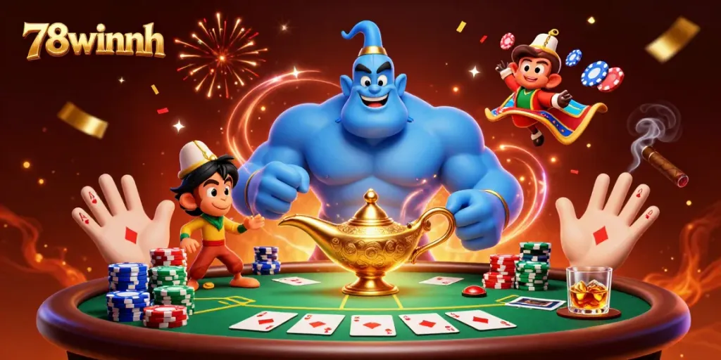 Engaging scene highlighting the playful genie and monkey in a rich vibrant casino environment at 78winnh.