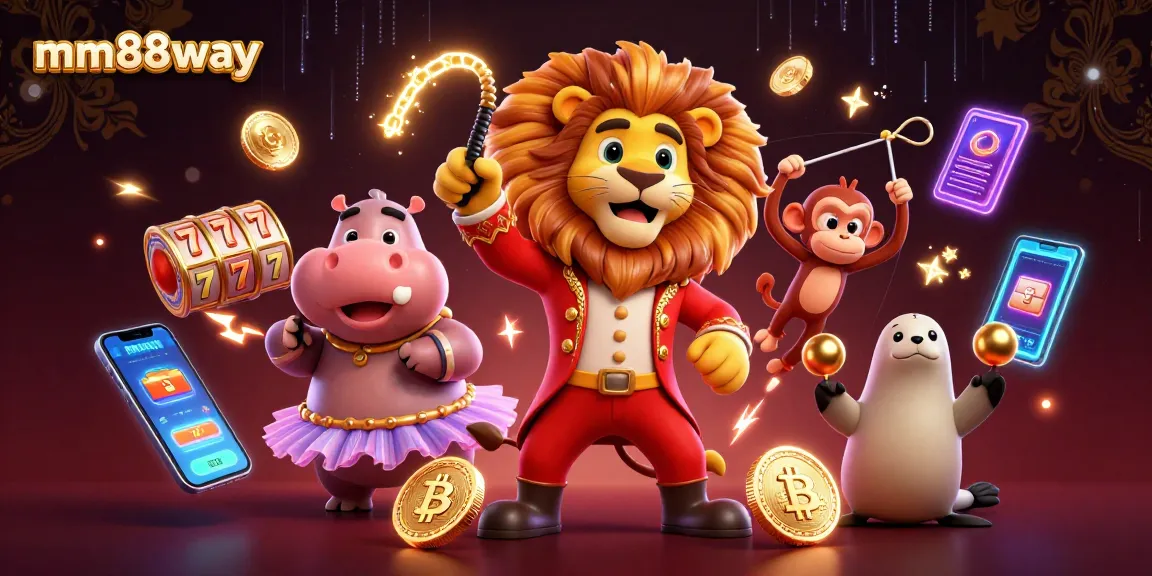 Win big with mm88way's vibrant 3D casino illustration featuring slot and crypto elements.