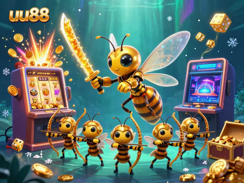 Experience thrilling jackpots at uu88 with a dynamic 3D illustration packed with casino symbols and vibrant characters.