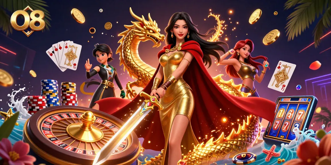 Experience the excitement of O8 casino with dynamic golden coins and vibrant gaming elements
