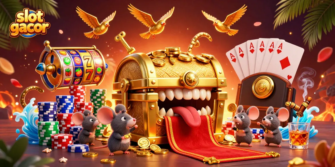 Spin the slot gacor jackpot with vibrant reels, treasure chests, and colorful chips in a lively casino scene.
