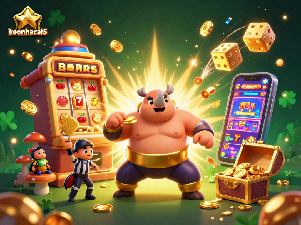 Experience the exciting action of keonhacai5 as a sumo beetle champion stomps coins in a vibrant casino.