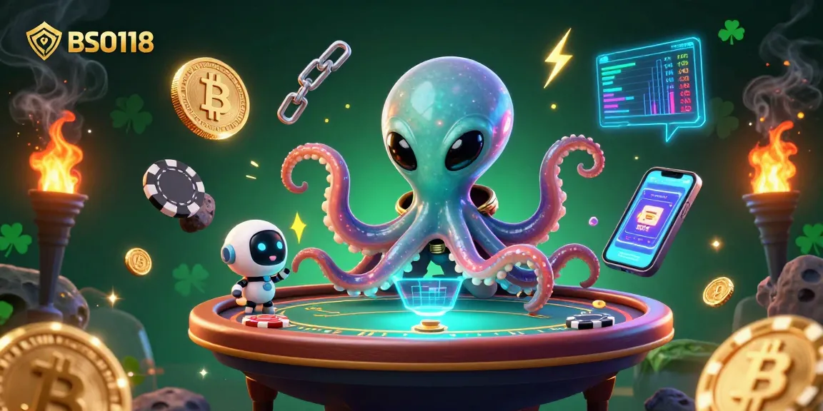 BSO118's alien octopus engaging in a thrilling poker animated scene featuring cryptocurrency elements.
