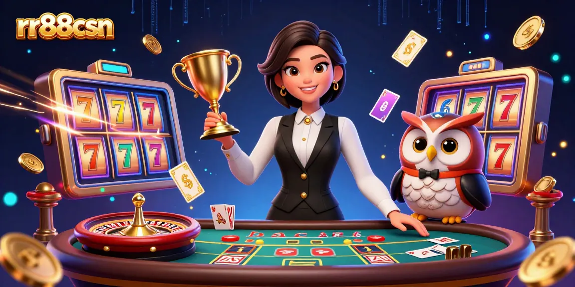 Experience thrilling games at rr88csn with dealers and vibrant casino elements in a dynamic 3D illustration.