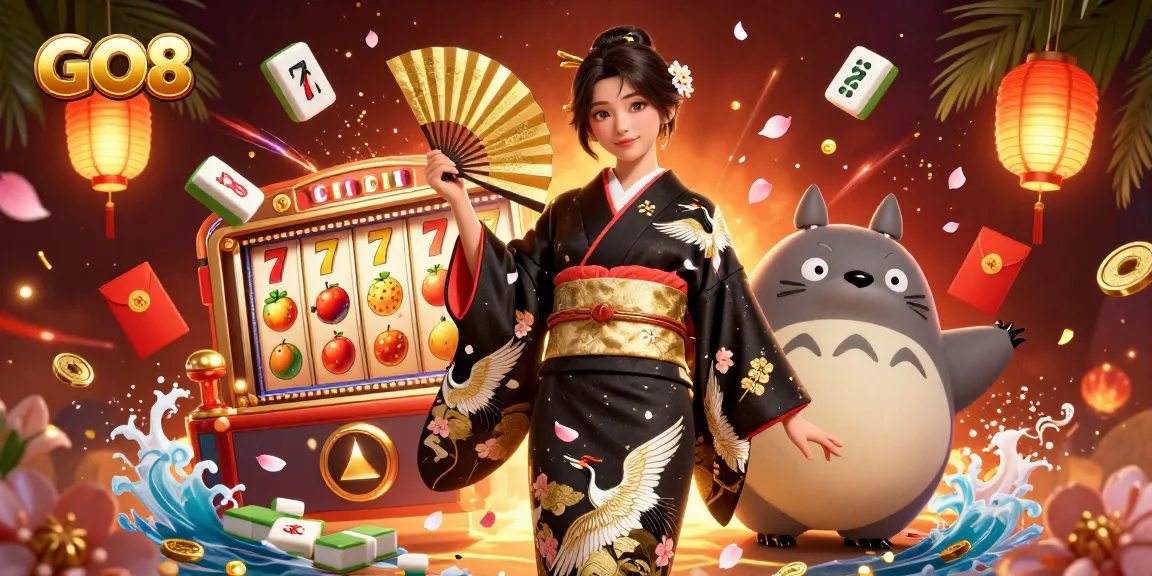 Experience thrilling gaming action with GO8 in a richly illustrated casino scene featuring dynamic slot elements and cultural motifs.
