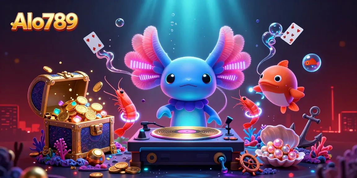 Alo789 offers thrilling gambling experiences with vibrant underwater elements, featuring an axolotl DJ.