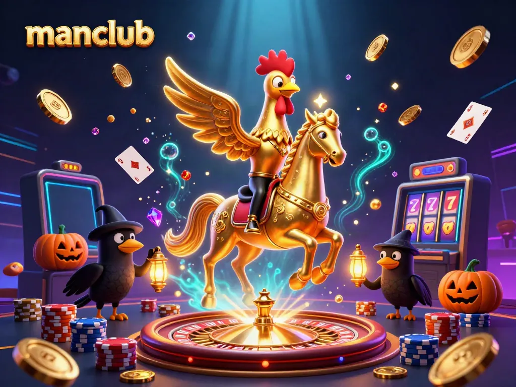 Join the manclub excitement as a golden rooster crosses the casino, spotlighting jackpots and vibrant gaming.
