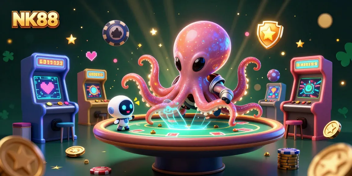 Experience thrilling gameplay with NK88's alien octopus at a holographic poker table, surrounded by lively gaming elements.
