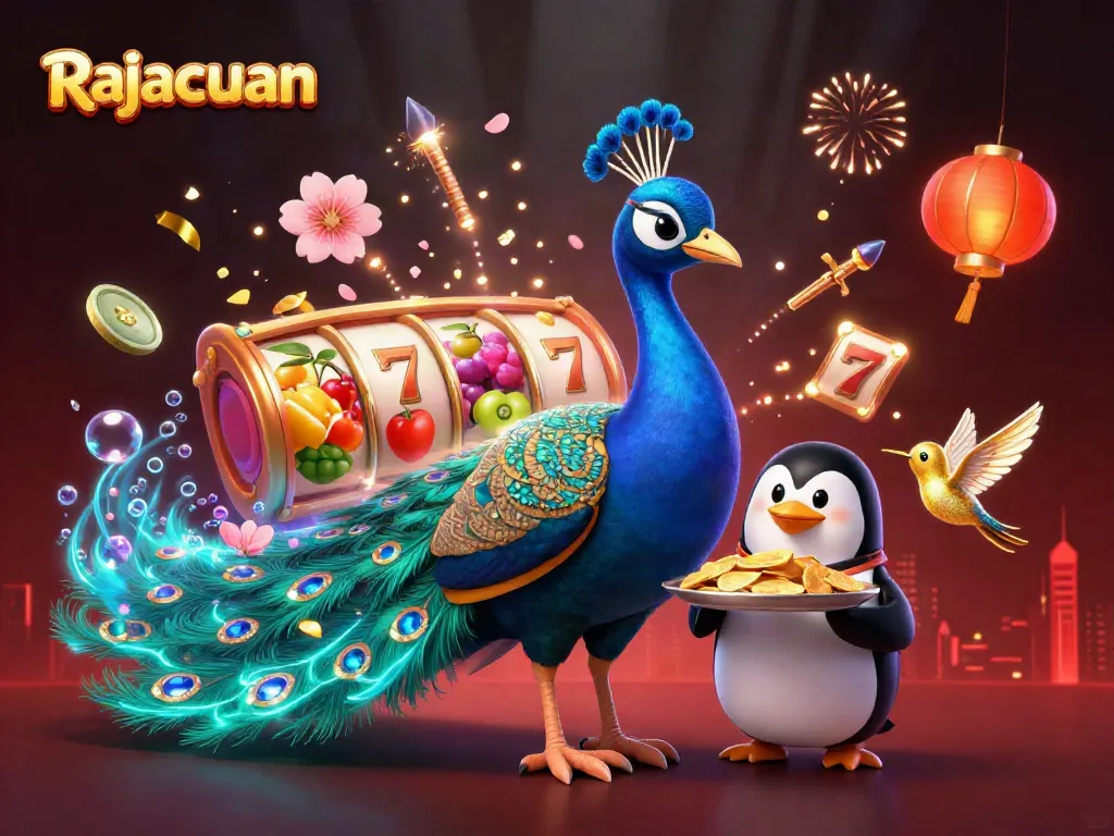 Experience the winning thrill with Rajacuan as luck soars with vibrant gaming elements in a rich 3D illustration.