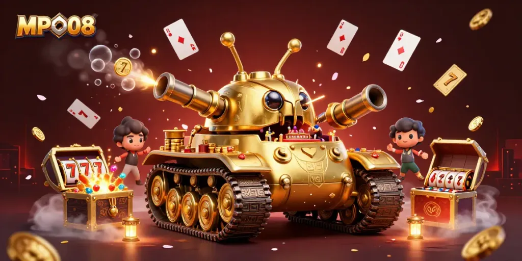 MPO08 reveals a lively miniature casino scene with golden beetle tank, floating playing cards, and explosive gold coins.