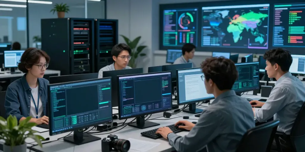 Cybersecurity news scene with professionals monitoring threat alerts and data visualizations.