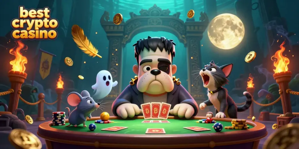 Experience the thrill at the best crypto casino with a lively game scene featuring a Frankenstein bulldog and a ghost mouse.