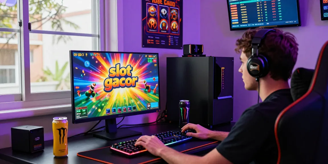 Engaged gamer playing "slot gacor" at a vibrant gaming setup with colorful lights and screens.