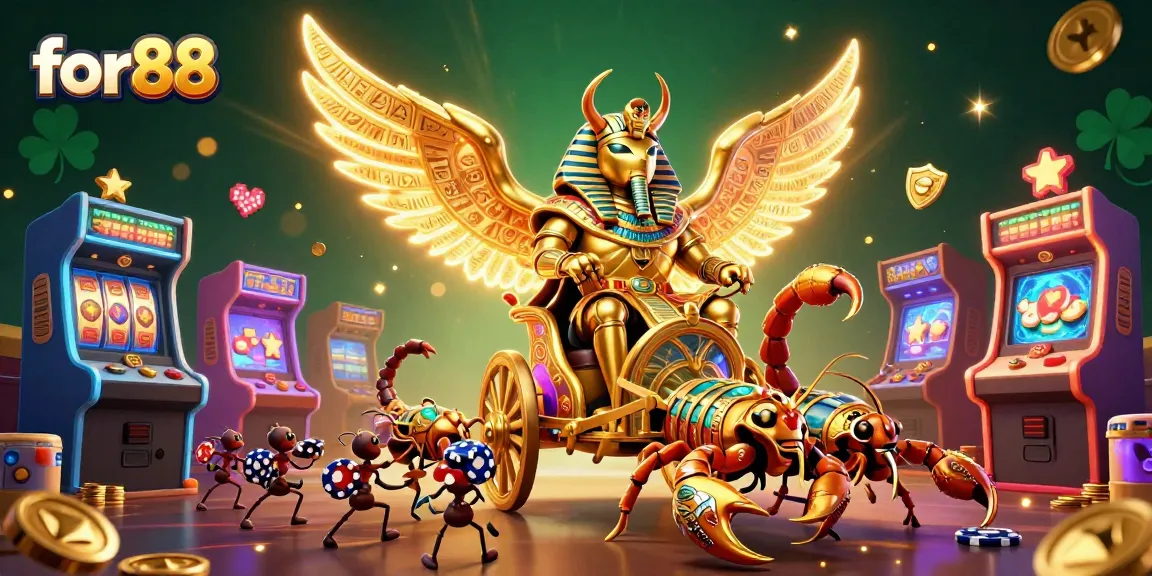 Experience thrilling gameplay at for88 with a golden scarab beetle leading the way in a vibrant casino scene.