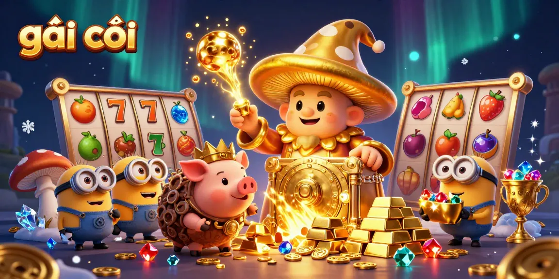 Engage with the vibrant gái gọi scene featuring a magical golden mushroom wizard and slot machine treasures.