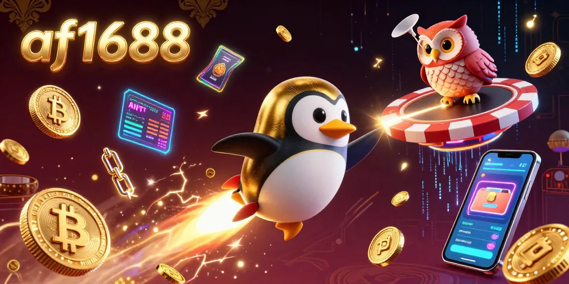 Win big with af1688 as the golden penguin blasts toward a vibrant casino space station.