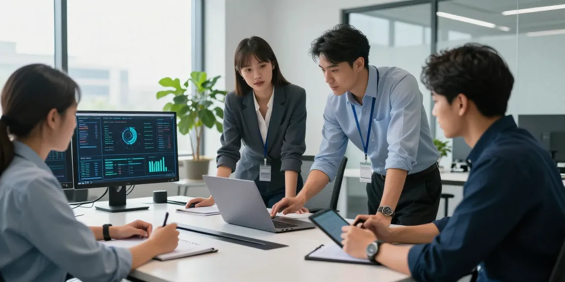 Business IT support professionals collaborating in a modern office environment, showcasing teamwork and technology.