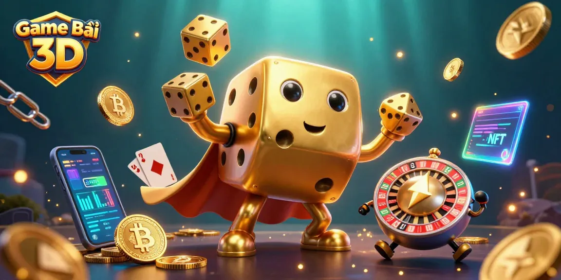 Join the excitement of Game Bài 3D with a vibrant illustration of dynamic dice and digital crypto symbols.