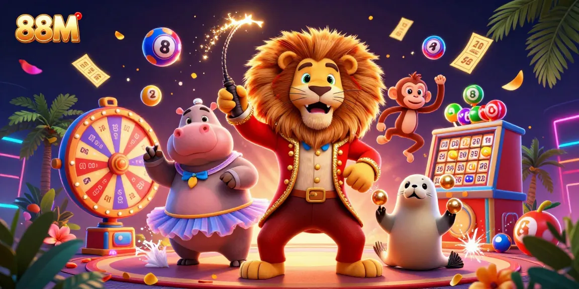 Engage in thrilling moments with 88M as the circus characters celebrate exciting lottery and casino activities.