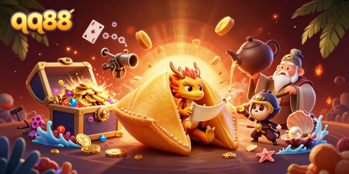 Engage with the vibrant qq88 casino universe, showcasing a 3D dragon reading fortunes amidst gold and game elements.
