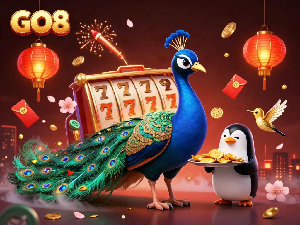 Experience the excitement at GO8 with a vibrant peacock and charming characters amidst dazzling casino elements.