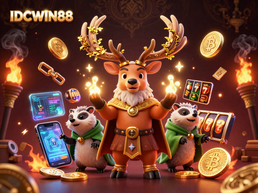 Engage with IDCWIN88 through a vibrant depiction of a magical casino realm filled with crypto charm.
