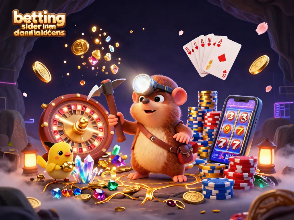 Betting sider uden dansk licens illustrated with a treasure hunter mole and canary mining gems in a dynamic casino scene.