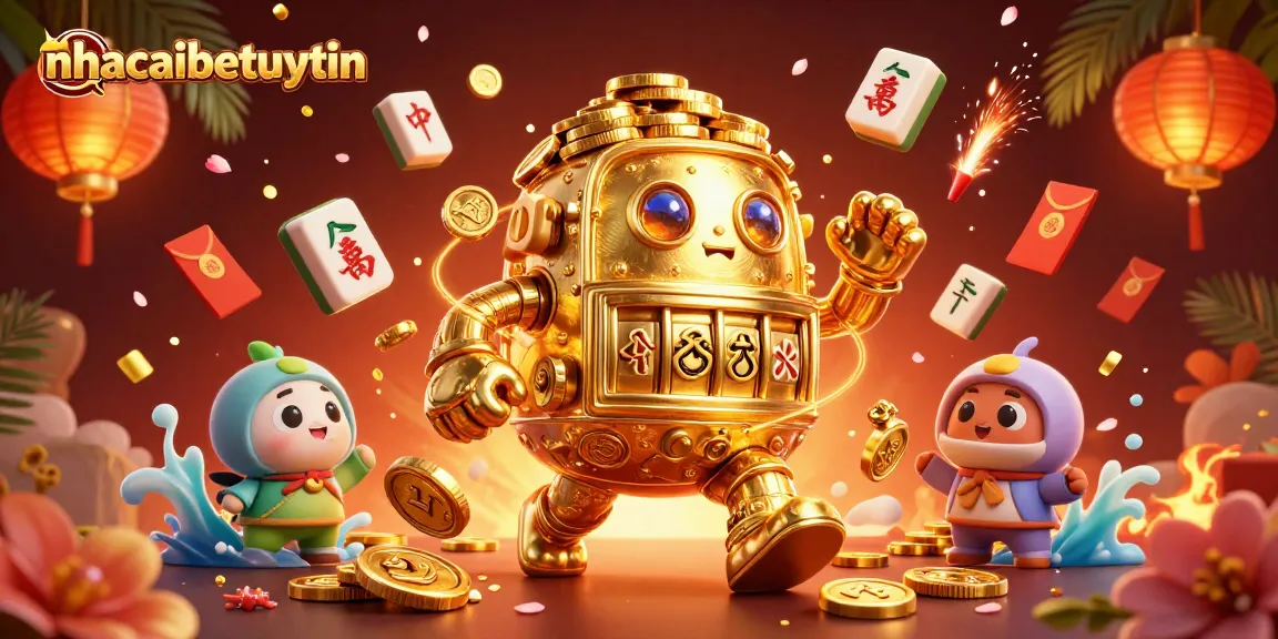 Experience winning at nhacaibetuytin with a vibrant illustration of a golden golem, slot symbols, and festive casino elements.