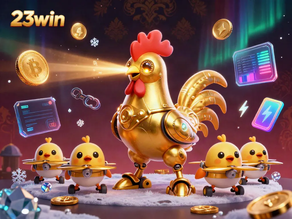 Engage in thrilling jackpots at 23win with vibrant golden rooster robot and crypto elements